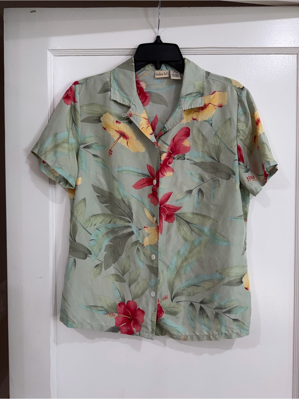Linden Light Sage 100% Silk Shirt with Red & Yellow Floral Accents